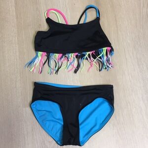 Justice Girl’s size 7 2-Piece Black Fringe Bikini with Blue Pink Yellow Accents